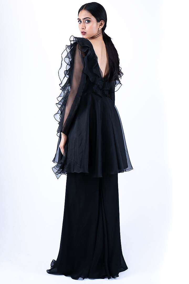 Black Silk Organza Flared Pant Set by Pooja Kankariya at Pernia's Pop Up Shop