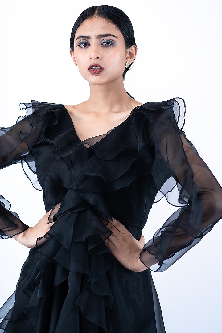 Black Silk Organza Flared Pant Set by Pooja Kankariya at Pernia's Pop Up Shop