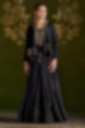 Black Handmade Tussar Floral Embroidered Jacket Wedding Lehenga Set by Almaari by Pooja Patel at Pernia's Pop Up Shop