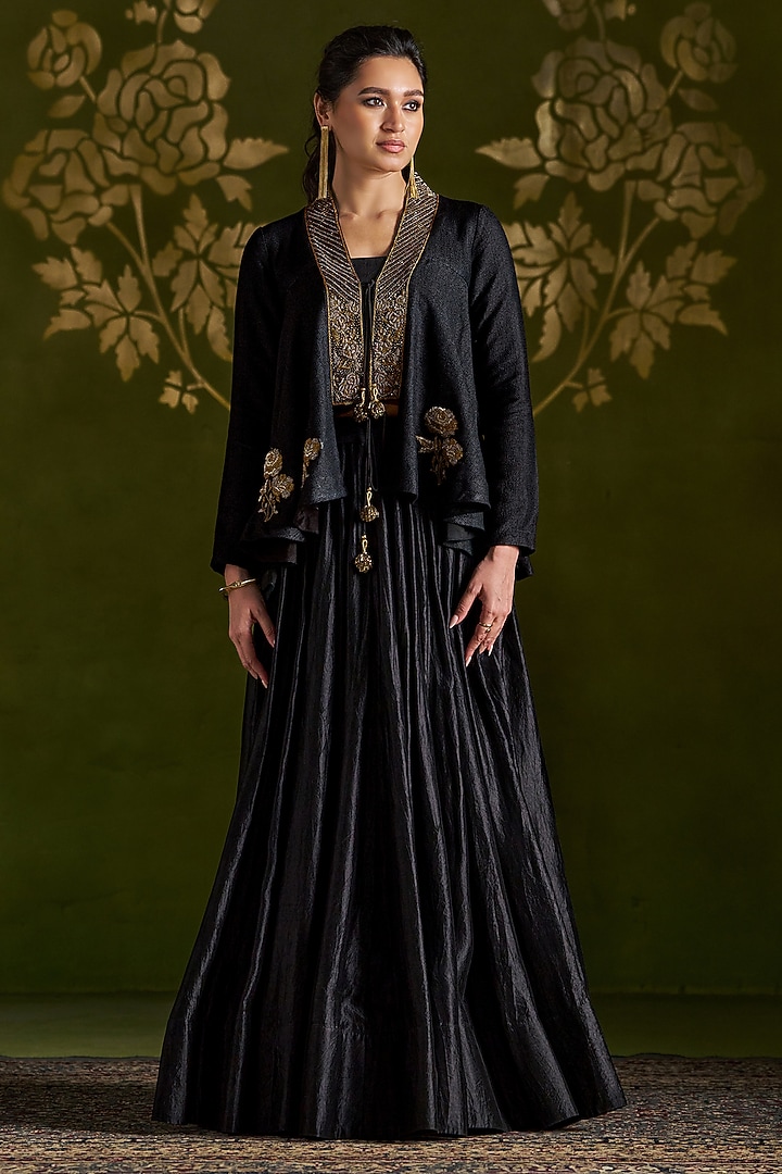 Black Handmade Tussar Floral Embroidered Jacket Wedding Lehenga Set by Almaari by Pooja Patel at Pernia's Pop Up Shop