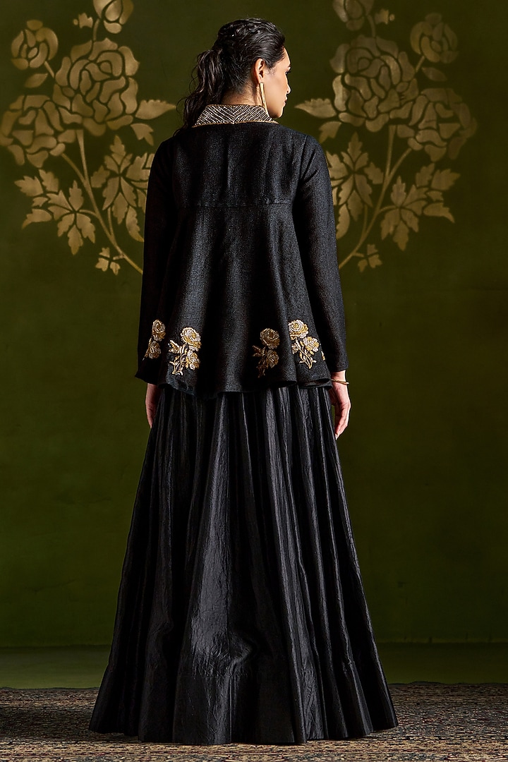Black Handmade Tussar Floral Embroidered Jacket Wedding Lehenga Set by Almaari by Pooja Patel at Pernia's Pop Up Shop