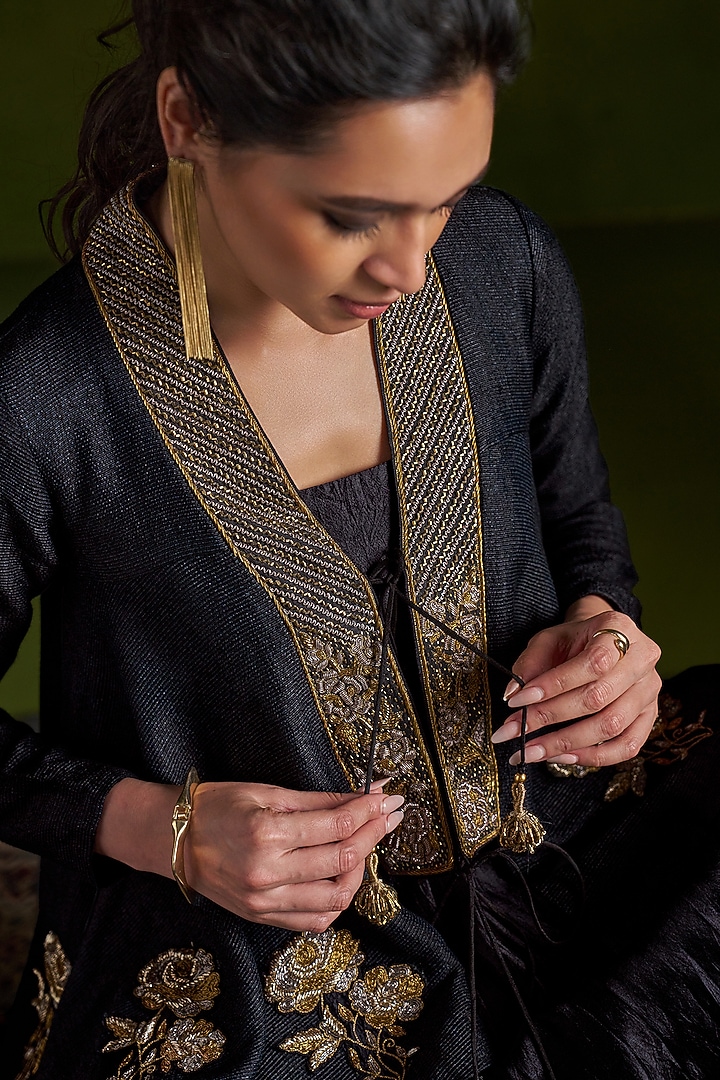 Black Handmade Tussar Floral Embroidered Jacket Wedding Lehenga Set by Almaari by Pooja Patel at Pernia's Pop Up Shop