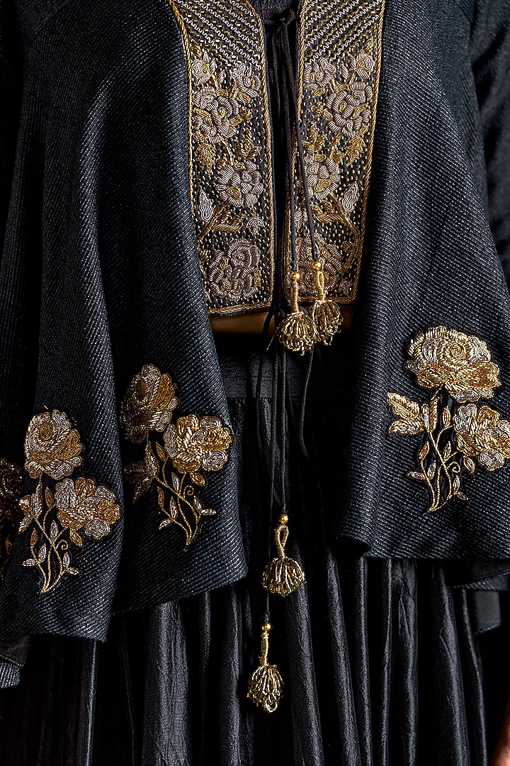 Black Handmade Tussar Floral Embroidered Jacket Wedding Lehenga Set by Almaari by Pooja Patel at Pernia's Pop Up Shop