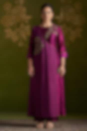 Wine Handmade Tussar & Pure Silk Embroidered Party Wear Anarkali Set by Almaari by Pooja Patel at Pernia's Pop Up Shop