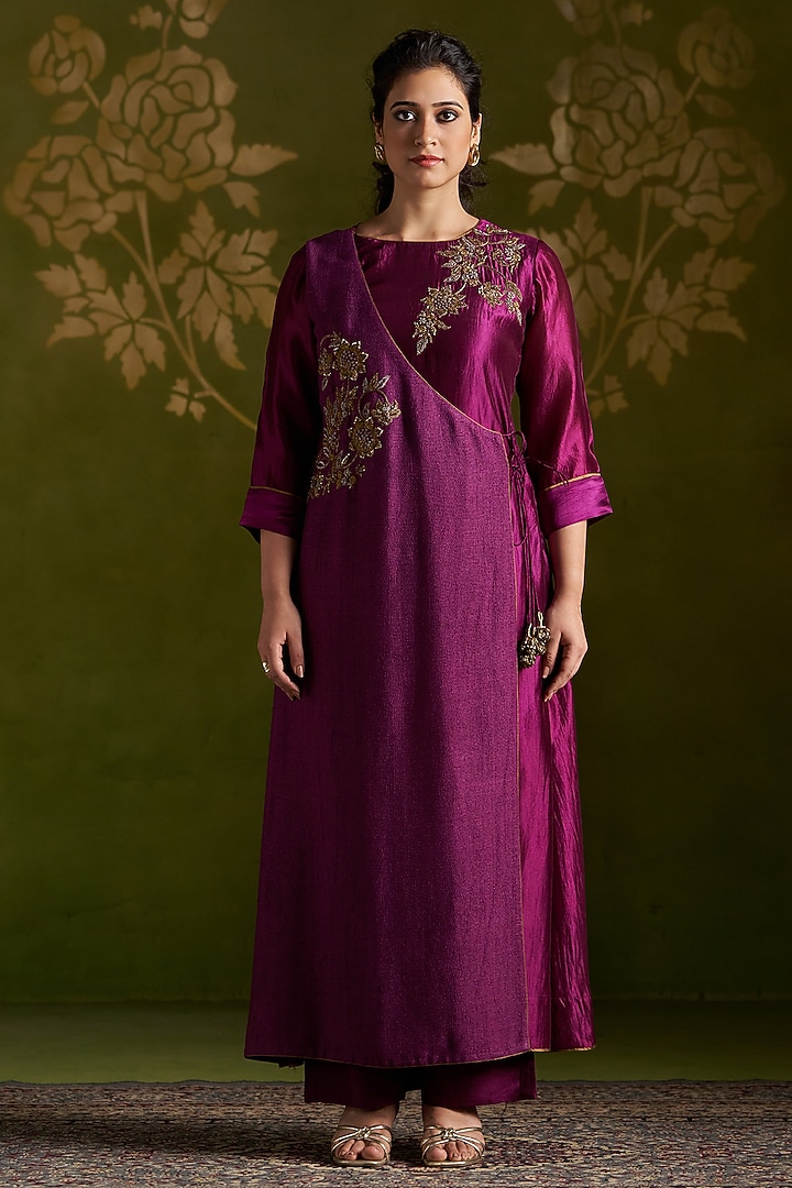 Wine Handmade Tussar & Pure Silk Embroidered Party Wear Anarkali Set by Almaari by Pooja Patel at Pernia's Pop Up Shop