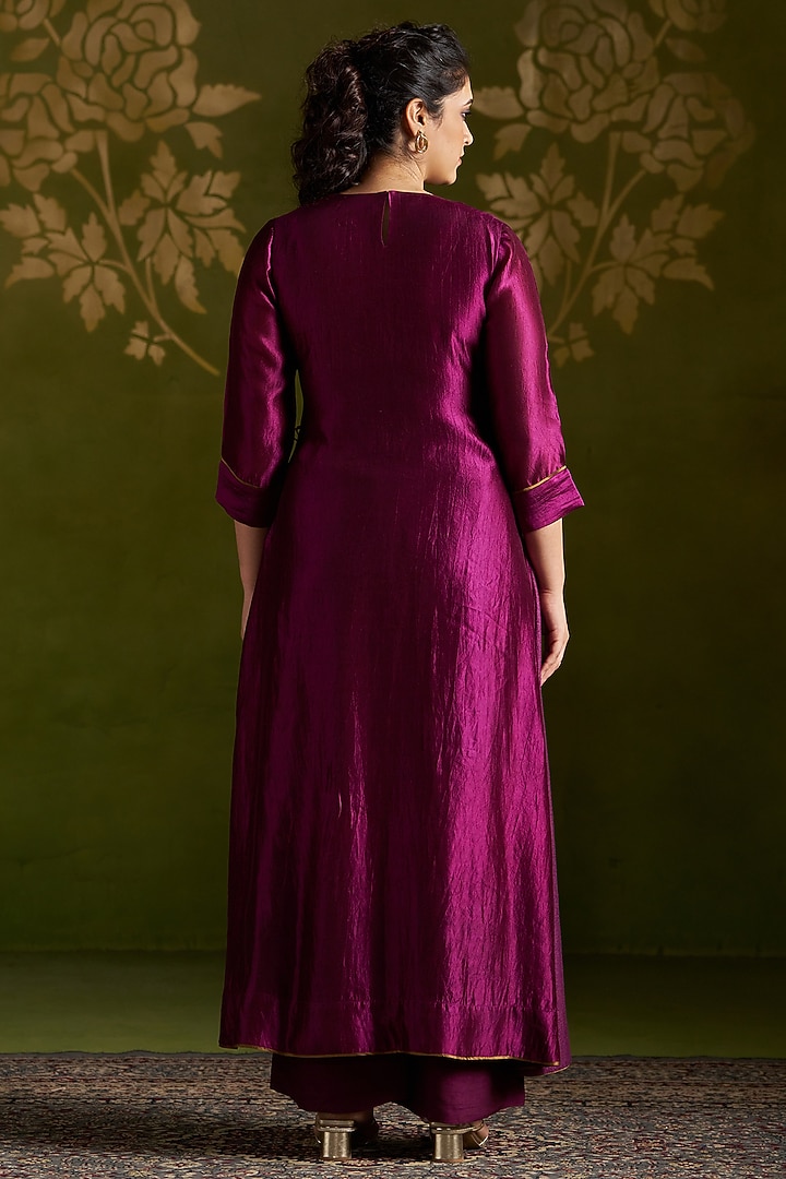 Wine Handmade Tussar & Pure Silk Embroidered Party Wear Anarkali Set by Almaari by Pooja Patel at Pernia's Pop Up Shop