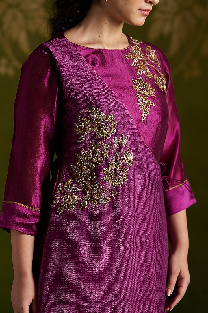 Wine Handmade Tussar & Pure Silk Embroidered Party Wear Anarkali Set by Almaari by Pooja Patel at Pernia's Pop Up Shop