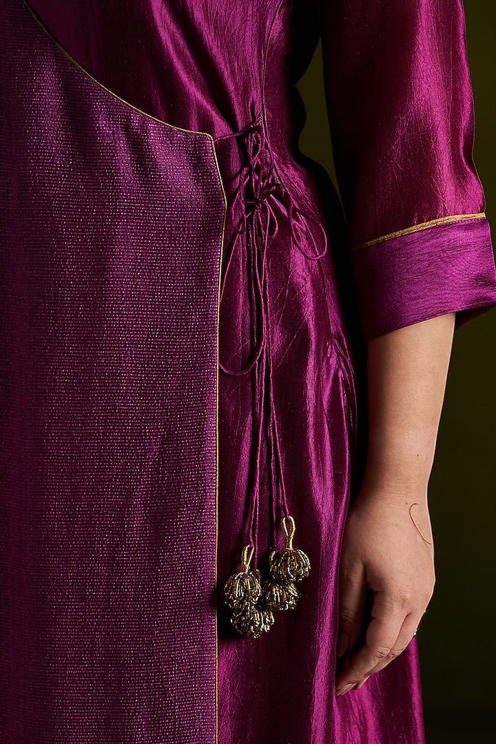 Wine Handmade Tussar & Pure Silk Embroidered Party Wear Anarkali Set by Almaari by Pooja Patel at Pernia's Pop Up Shop