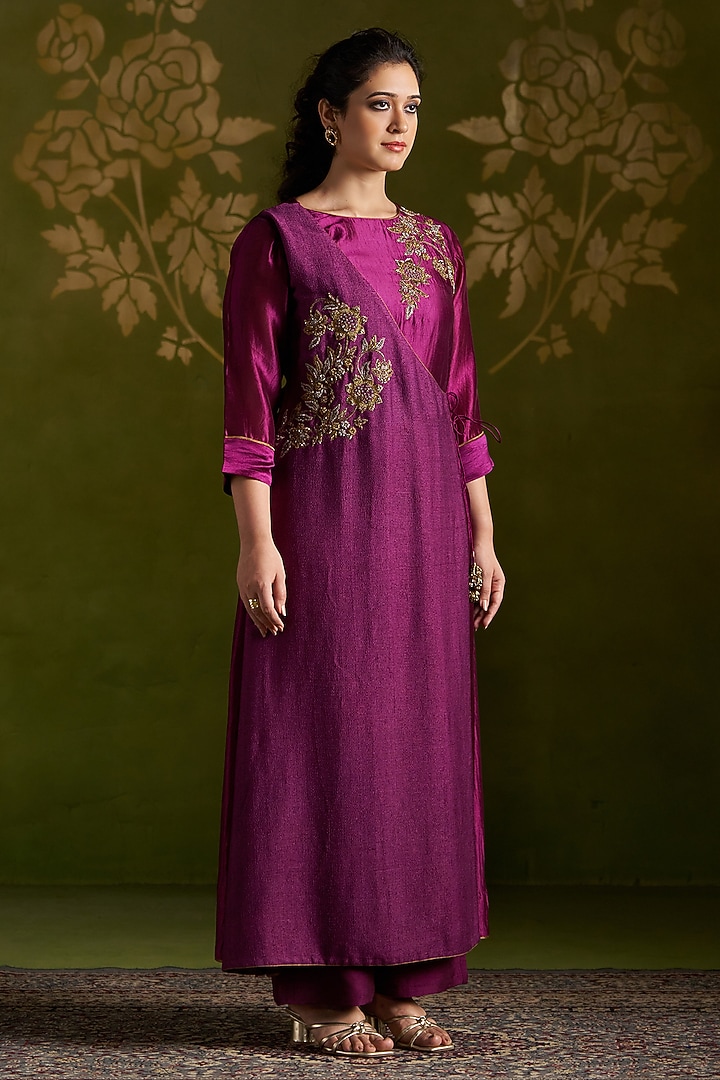 Wine Handmade Tussar & Pure Silk Embroidered Party Wear Anarkali Set by Almaari by Pooja Patel at Pernia's Pop Up Shop