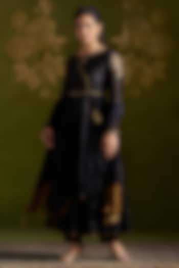 Black Pure Silk Embroidered Wedding Anarkali Set by Almaari by Pooja Patel at Pernia's Pop Up Shop