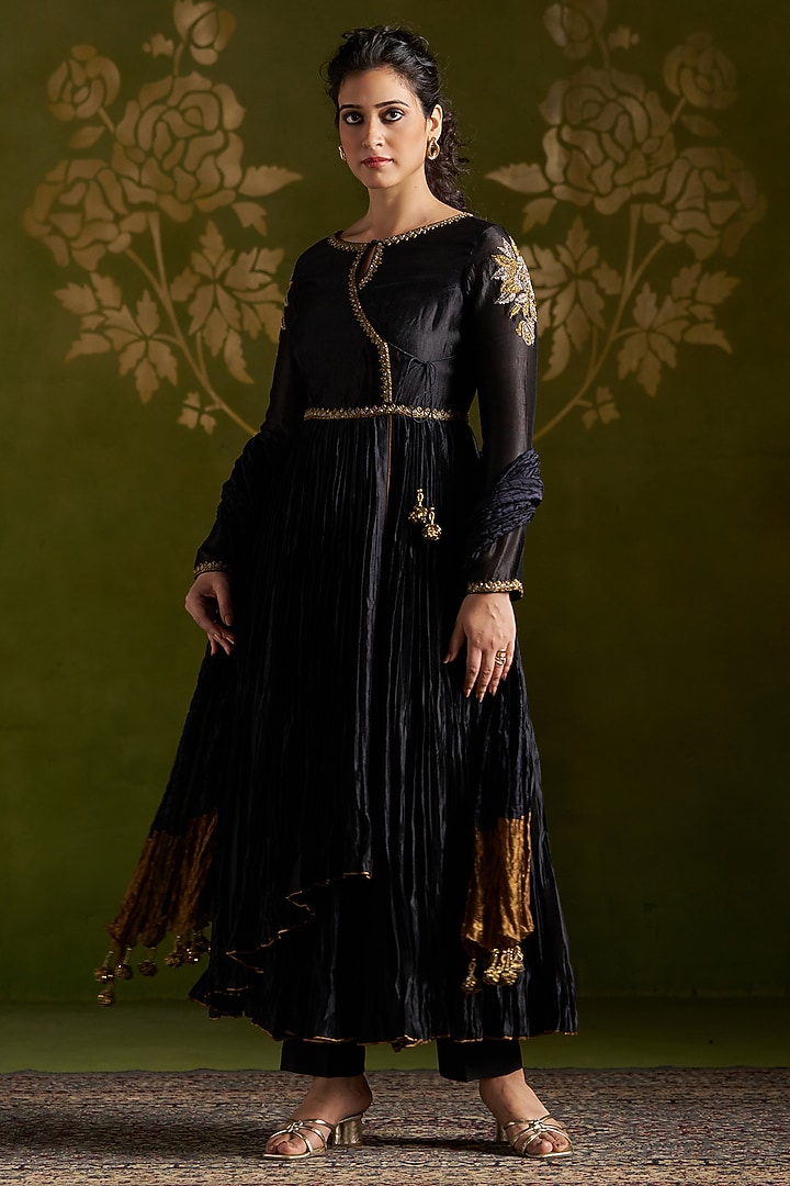 Black Pure Silk Embroidered Wedding Anarkali Set by Almaari by Pooja Patel at Pernia's Pop Up Shop
