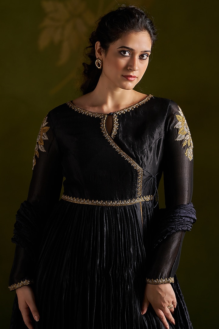 Black Pure Silk Embroidered Wedding Anarkali Set by Almaari by Pooja Patel at Pernia's Pop Up Shop
