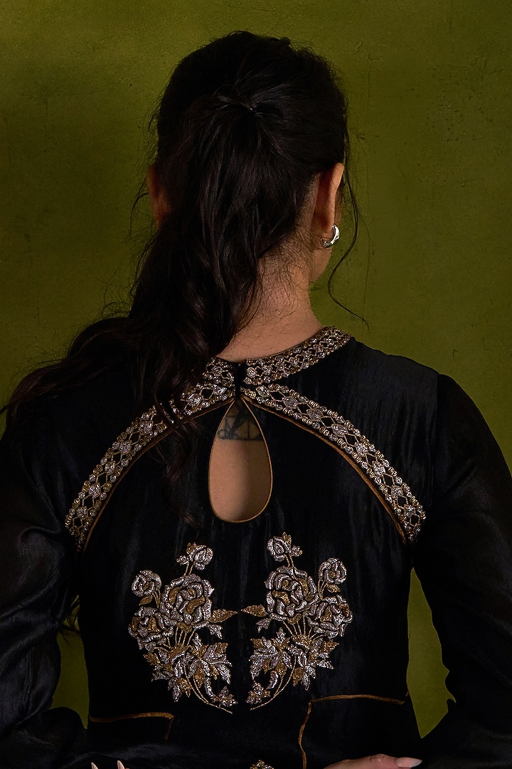 Black Pure Silk Embroidered Anarakli Set by Almaari by Pooja Patel at Pernia's Pop Up Shop