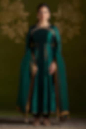 Dark Green Pure Silk Embroidered Wedding Anarkali Set by Almaari by Pooja Patel at Pernia's Pop Up Shop