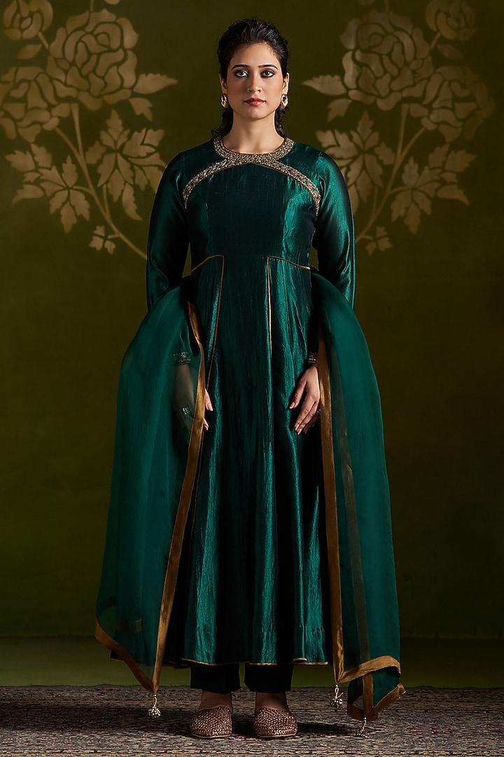 Dark Green Pure Silk Embroidered Wedding Anarkali Set by Almaari by Pooja Patel at Pernia's Pop Up Shop
