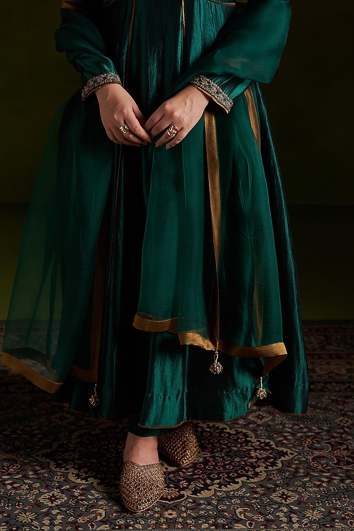 Dark Green Pure Silk Embroidered Wedding Anarkali Set by Almaari by Pooja Patel at Pernia's Pop Up Shop