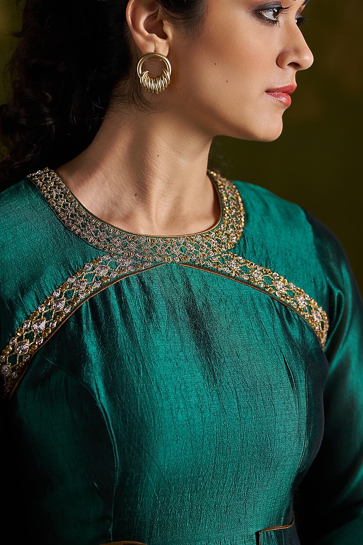 Dark Green Pure Silk Embroidered Wedding Anarkali Set by Almaari by Pooja Patel at Pernia's Pop Up Shop