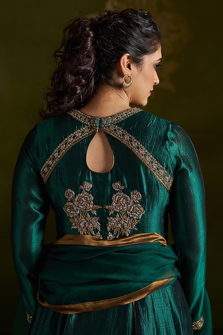 Dark Green Pure Silk Embroidered Wedding Anarkali Set by Almaari by Pooja Patel at Pernia's Pop Up Shop
