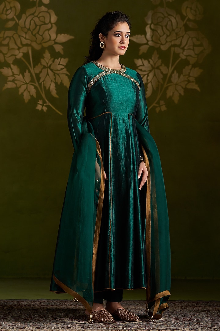 Dark Green Pure Silk Embroidered Wedding Anarkali Set by Almaari by Pooja Patel at Pernia's Pop Up Shop