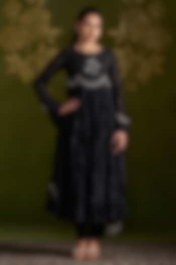 Black Crushed Silk Embroidered Wedding Anarkali Set by Almaari by Pooja Patel at Pernia's Pop Up Shop