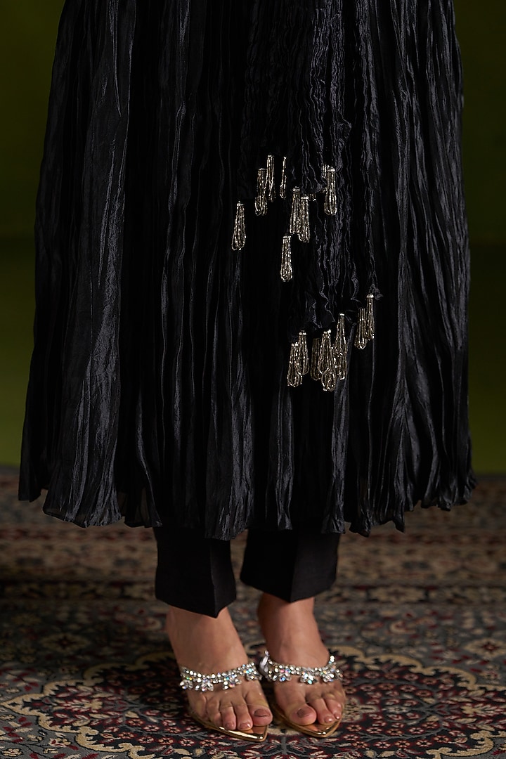 Black Crushed Silk Embroidered Wedding Anarkali Set by Almaari by Pooja Patel at Pernia's Pop Up Shop