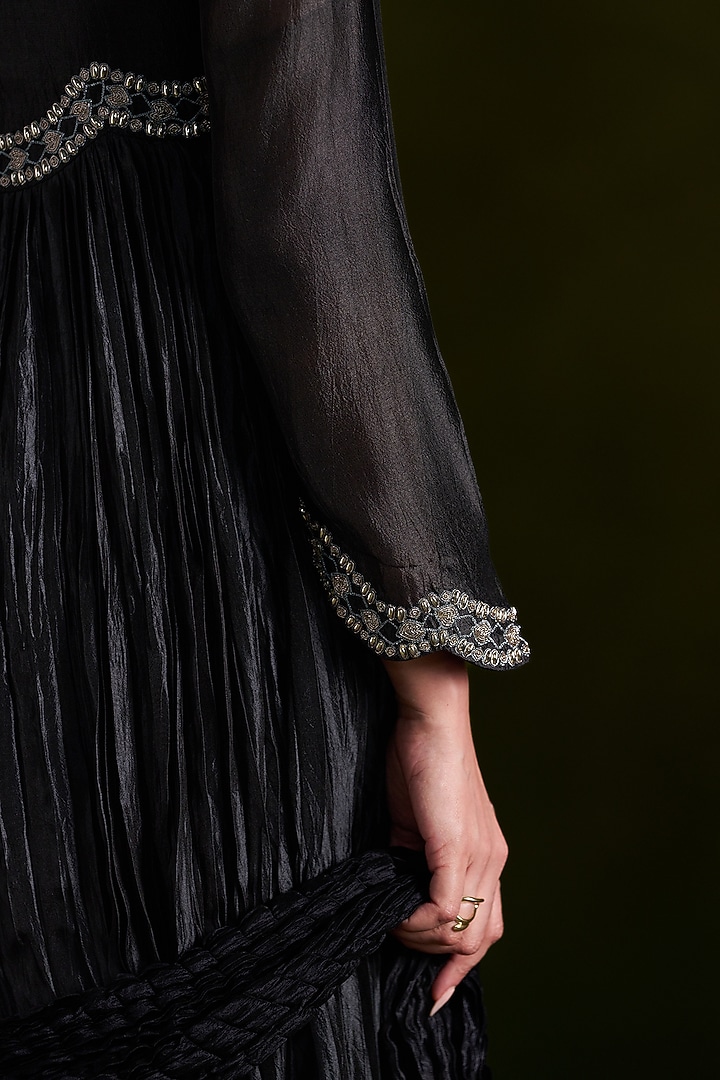 Black Crushed Silk Embroidered Wedding Anarkali Set by Almaari by Pooja Patel at Pernia's Pop Up Shop
