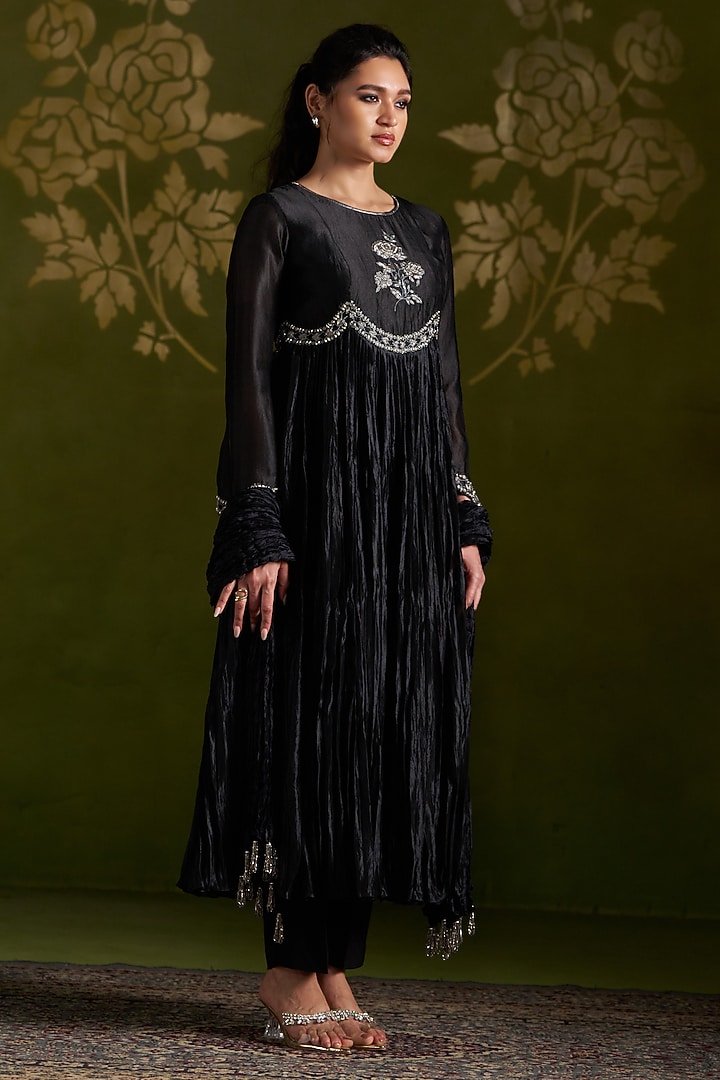 Black Crushed Silk Embroidered Wedding Anarkali Set by Almaari by Pooja Patel at Pernia's Pop Up Shop