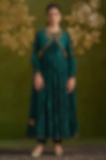 Dark Green Handmade Tussar & Pure Silk Embroidered Wedding Anarkali Set by Almaari by Pooja Patel at Pernia's Pop Up Shop