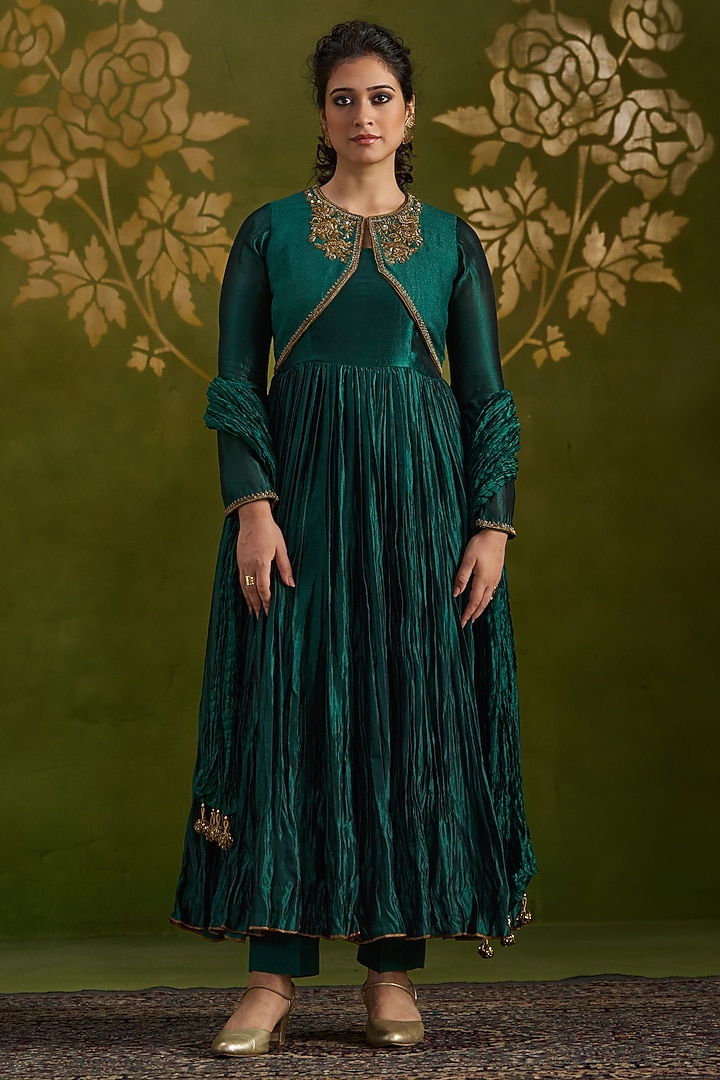 Dark Green Handmade Tussar & Pure Silk Embroidered Wedding Anarkali Set by Almaari by Pooja Patel at Pernia's Pop Up Shop