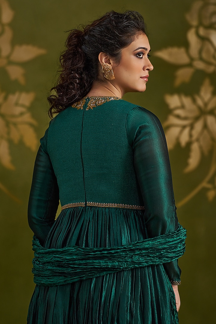 Dark Green Handmade Tussar & Pure Silk Embroidered Wedding Anarkali Set by Almaari by Pooja Patel at Pernia's Pop Up Shop
