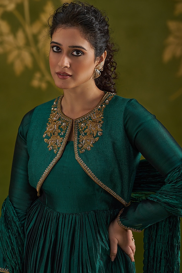Dark Green Handmade Tussar & Pure Silk Embroidered Wedding Anarkali Set by Almaari by Pooja Patel at Pernia's Pop Up Shop