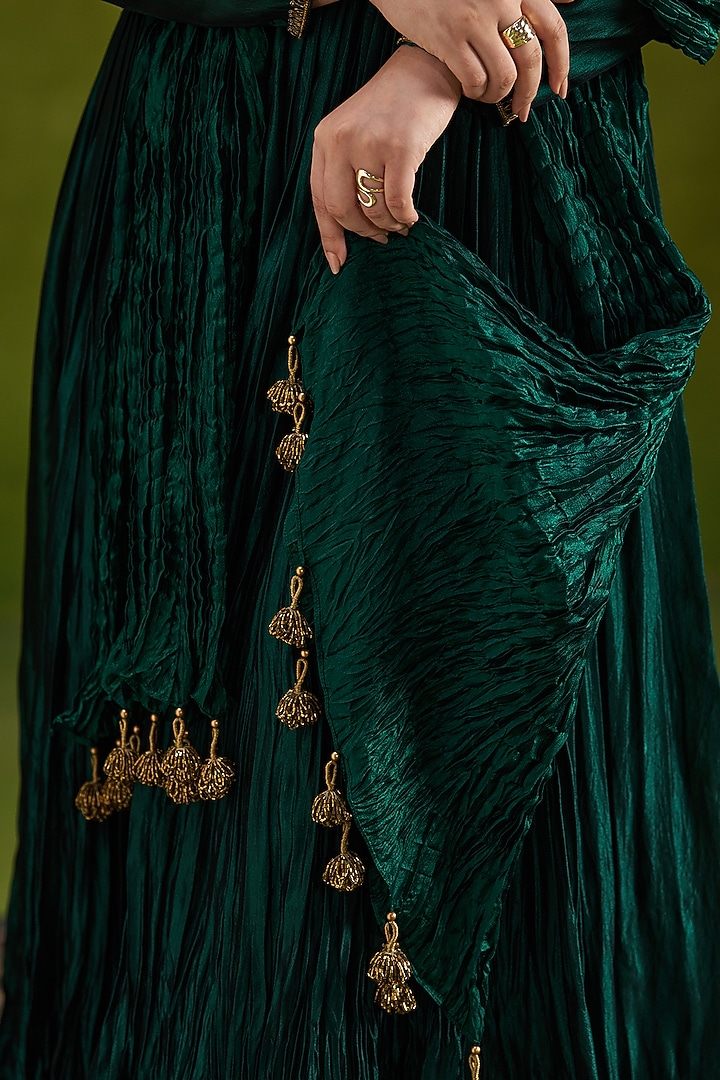Dark Green Handmade Tussar & Pure Silk Embroidered Wedding Anarkali Set by Almaari by Pooja Patel at Pernia's Pop Up Shop