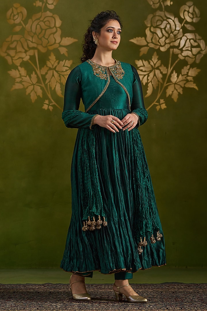 Dark Green Handmade Tussar & Pure Silk Embroidered Wedding Anarkali Set by Almaari by Pooja Patel at Pernia's Pop Up Shop