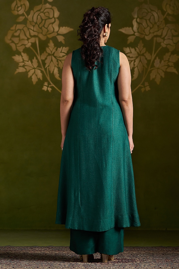 Dark Green Handmade Tussar Aari Embroidered Kurta Set by Almaari by Pooja Patel at Pernia's Pop Up Shop