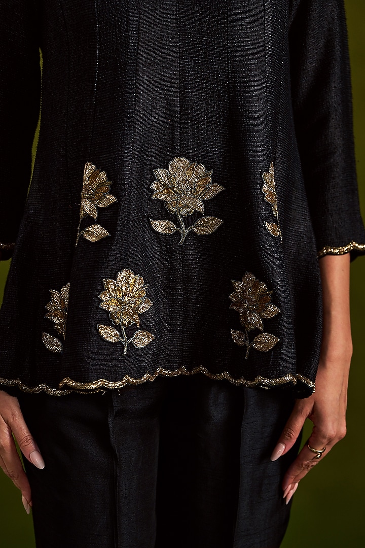 Black Handmade Tussar Embroidered Co-Ord Set by Almaari by Pooja Patel at Pernia's Pop Up Shop