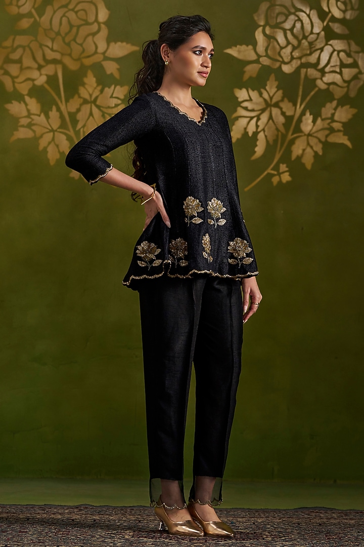Black Handmade Tussar Embroidered Co-Ord Set by Almaari by Pooja Patel at Pernia's Pop Up Shop
