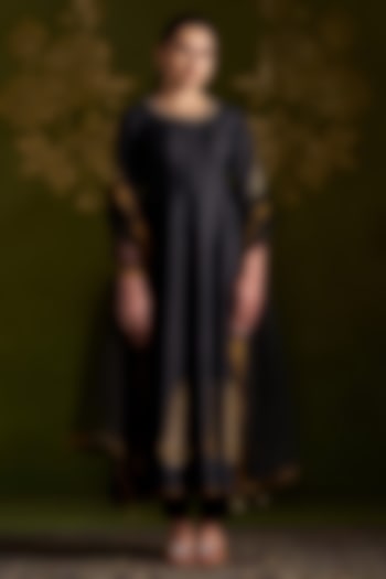 Black Handmade Tussar Embroidered Wedding Anarkali Set by Almaari by Pooja Patel at Pernia's Pop Up Shop