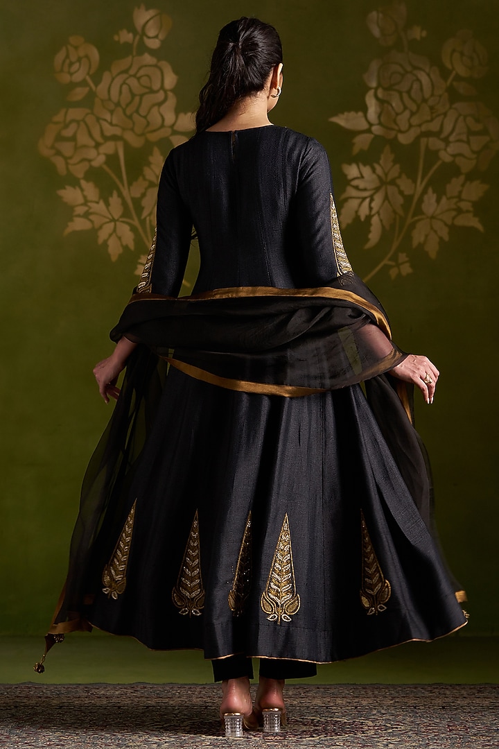 Black Handmade Tussar Embroidered Wedding Anarkali Set by Almaari by Pooja Patel at Pernia's Pop Up Shop