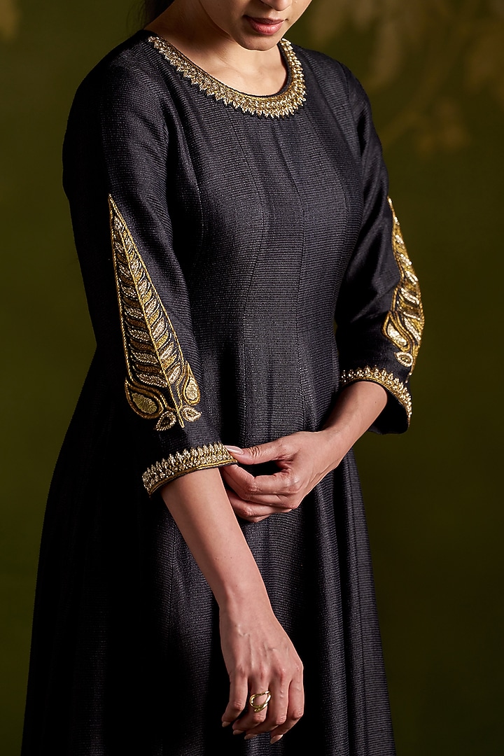 Black Handmade Tussar Embroidered Wedding Anarkali Set by Almaari by Pooja Patel at Pernia's Pop Up Shop