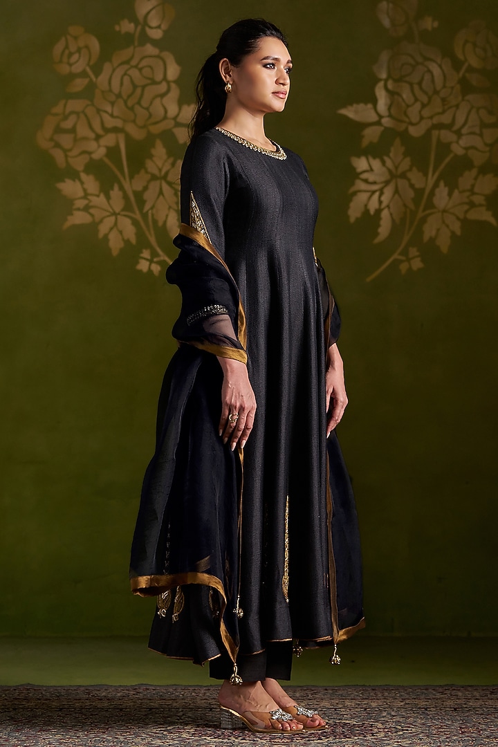 Black Handmade Tussar Embroidered Wedding Anarkali Set by Almaari by Pooja Patel at Pernia's Pop Up Shop
