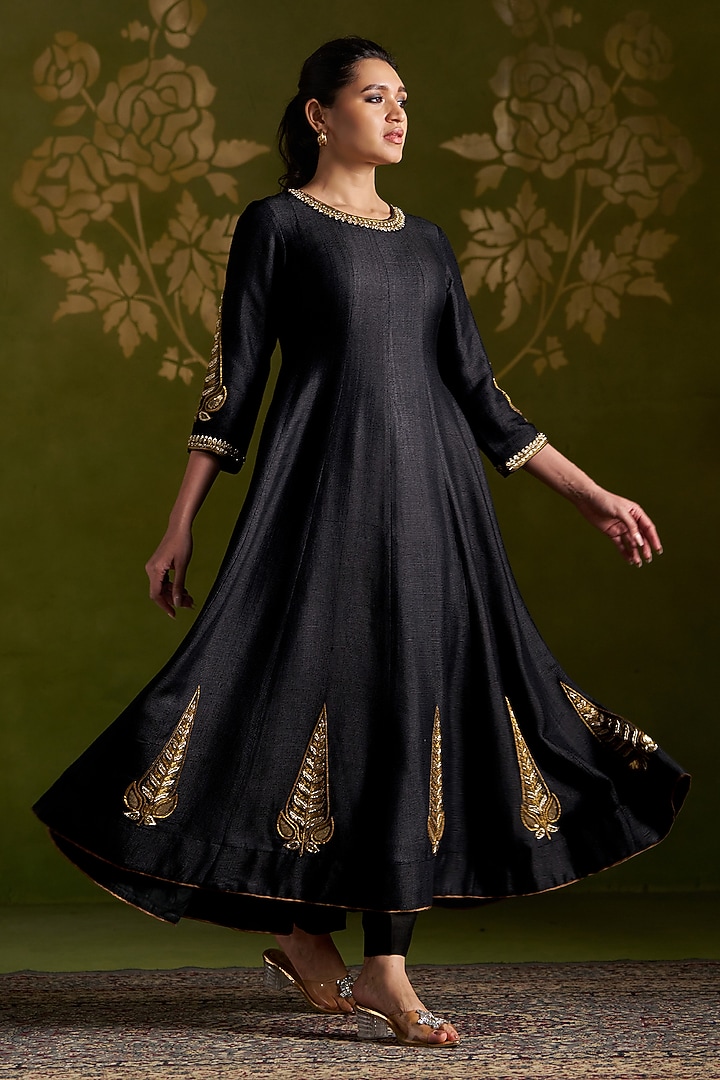 Black Handmade Tussar Embroidered Wedding Anarkali Set by Almaari by Pooja Patel at Pernia's Pop Up Shop