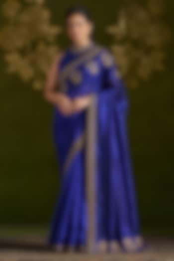 Royal Blue Pure Silk Embroidered Reception Saree Set by Almaari by Pooja Patel at Pernia's Pop Up Shop