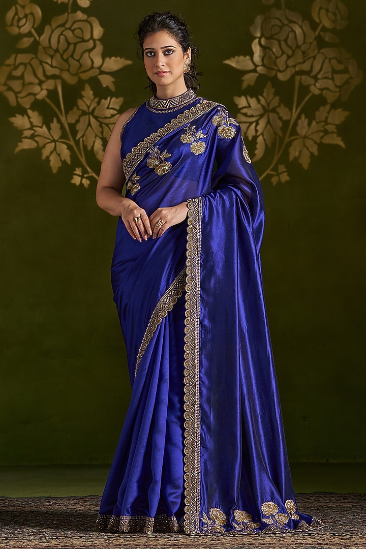 Royal Blue Pure Silk Embroidered Reception Saree Set by Almaari by Pooja Patel at Pernia's Pop Up Shop