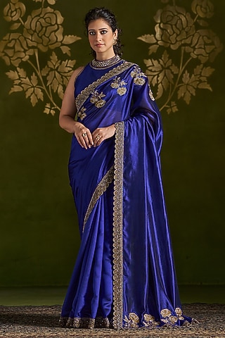 Royal Blue Pure Silk Embroidered Saree Set by Almaari by Pooja Patel