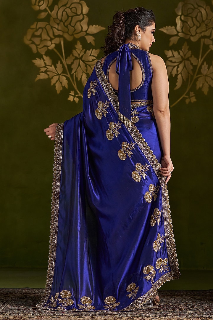 Royal Blue Pure Silk Embroidered Reception Saree Set by Almaari by Pooja Patel at Pernia's Pop Up Shop