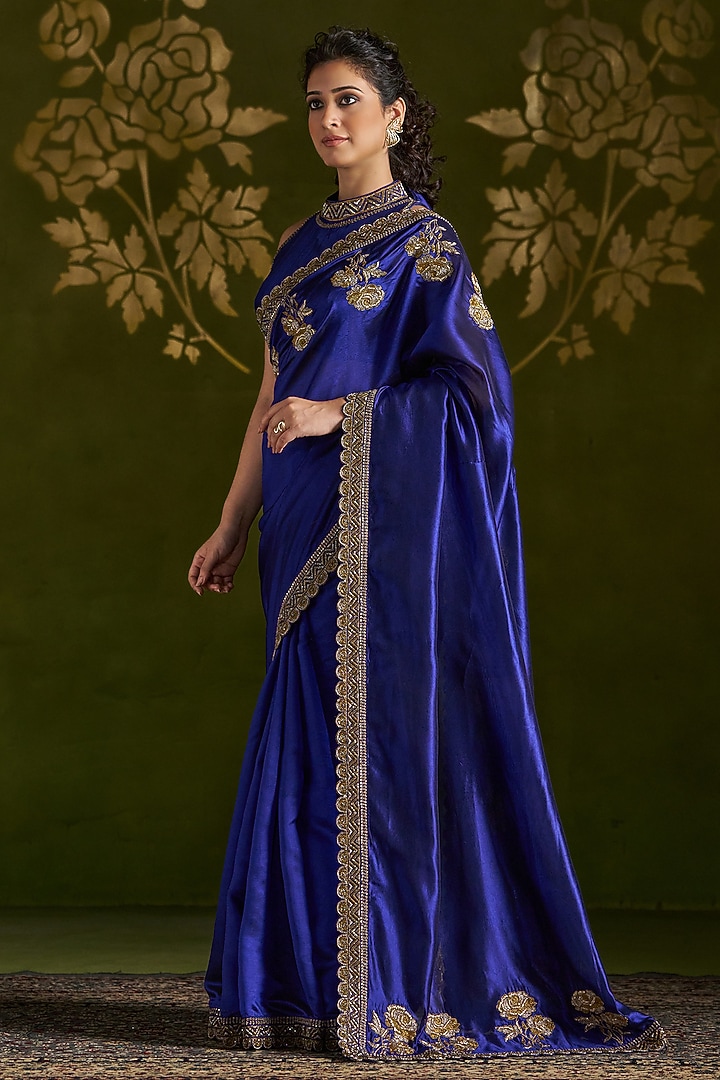 Royal Blue Pure Silk Embroidered Reception Saree Set by Almaari by Pooja Patel at Pernia's Pop Up Shop