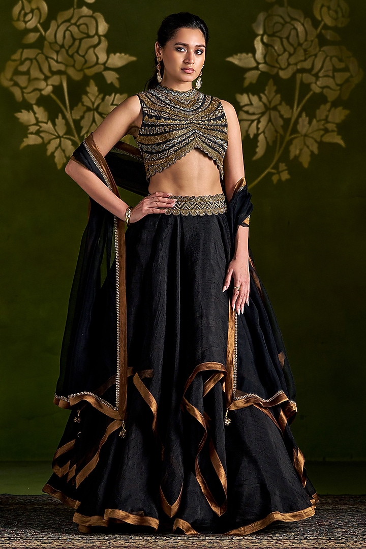 Black Silk Wedding Lehenga Set by Almaari by Pooja Patel at Pernia's Pop Up Shop