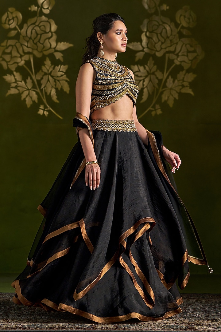 Black Silk Wedding Lehenga Set by Almaari by Pooja Patel at Pernia's Pop Up Shop