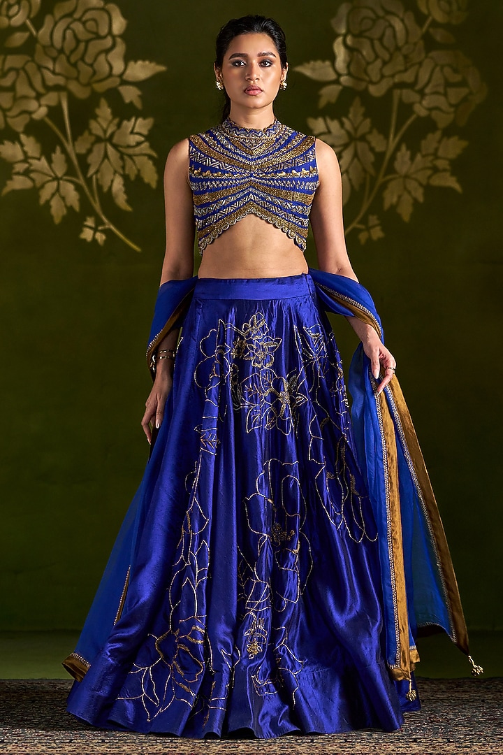 Royal Blue Silk Embroidered Wedding Lehenga Set by Almaari by Pooja Patel at Pernia's Pop Up Shop