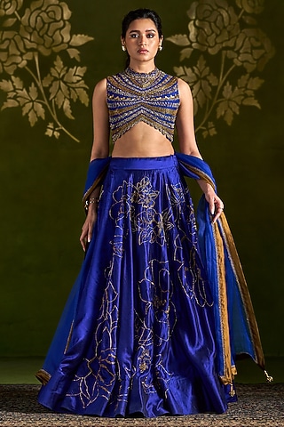 Royal Blue Silk Embroidered Lehenga Set by Almaari by Pooja Patel